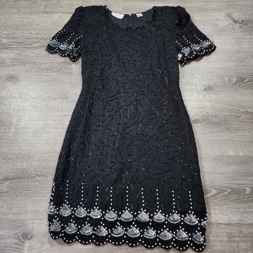 VINTAGE LAURENCE KAZAR Black Silk Silver Beaded Sequin Gala Formal Dress Medium